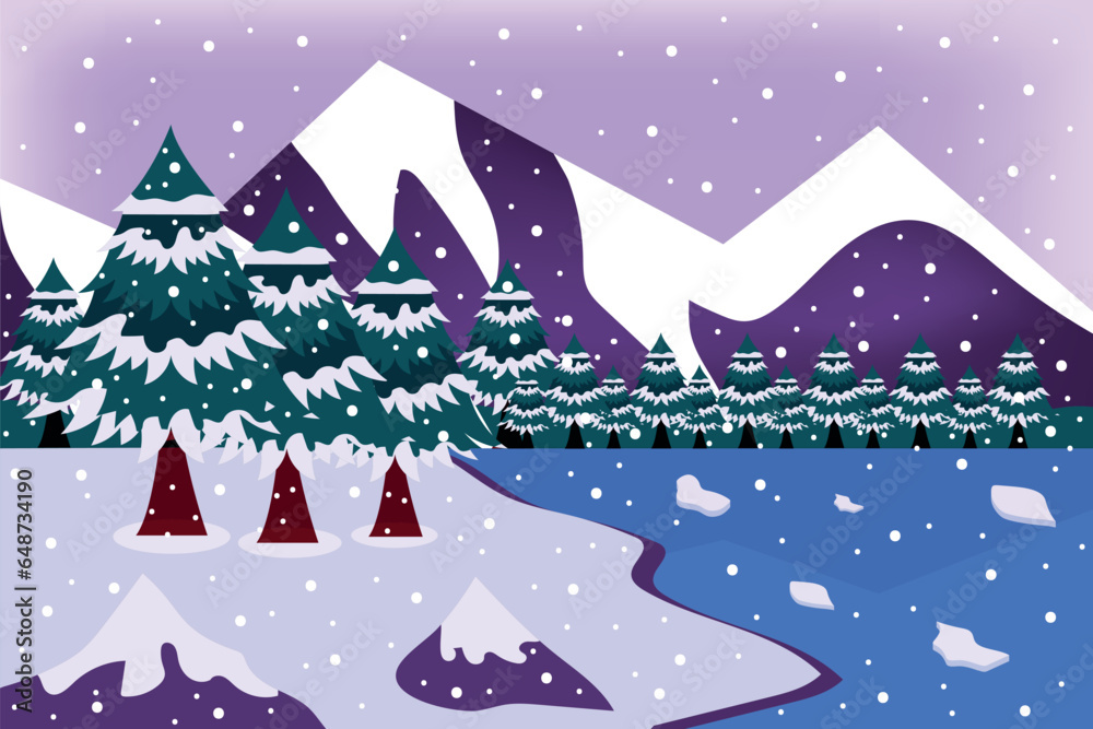 Winter mountain landscape with snowy fir trees, hills and mountains