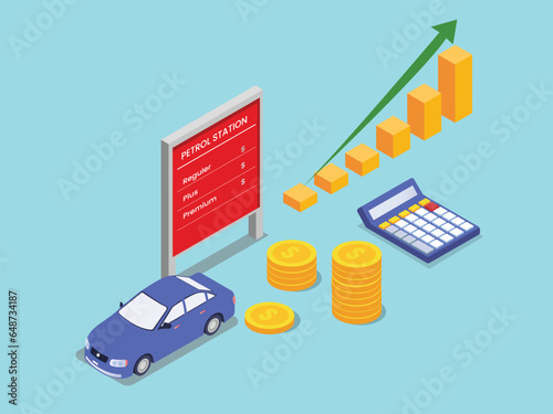 Petrol Price isometric vector concept. Car with petrol price display, coins, and rise up price arrow