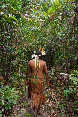 Brazilian Tupinambá Indian with typical clothing walking in the tropical forest