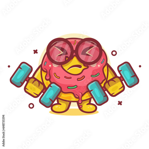funny donut food character mascot doing bodybuilding using dumbbell isolated cartoon in flat style design