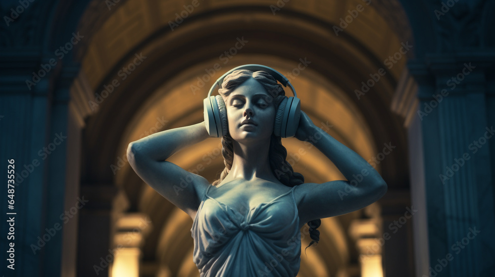 A marble statue of a Greek or Roman goddess listening to classical music on headphones, inside a temple. Spectacular symmetrical cinematic scene with blue and yellow light in a party. A marble statue of a Greek or Roman goddess listening to classical music on headphones, inside a temple. Spectacular symmetrical cinematic scene with blue and yellow light in a party.