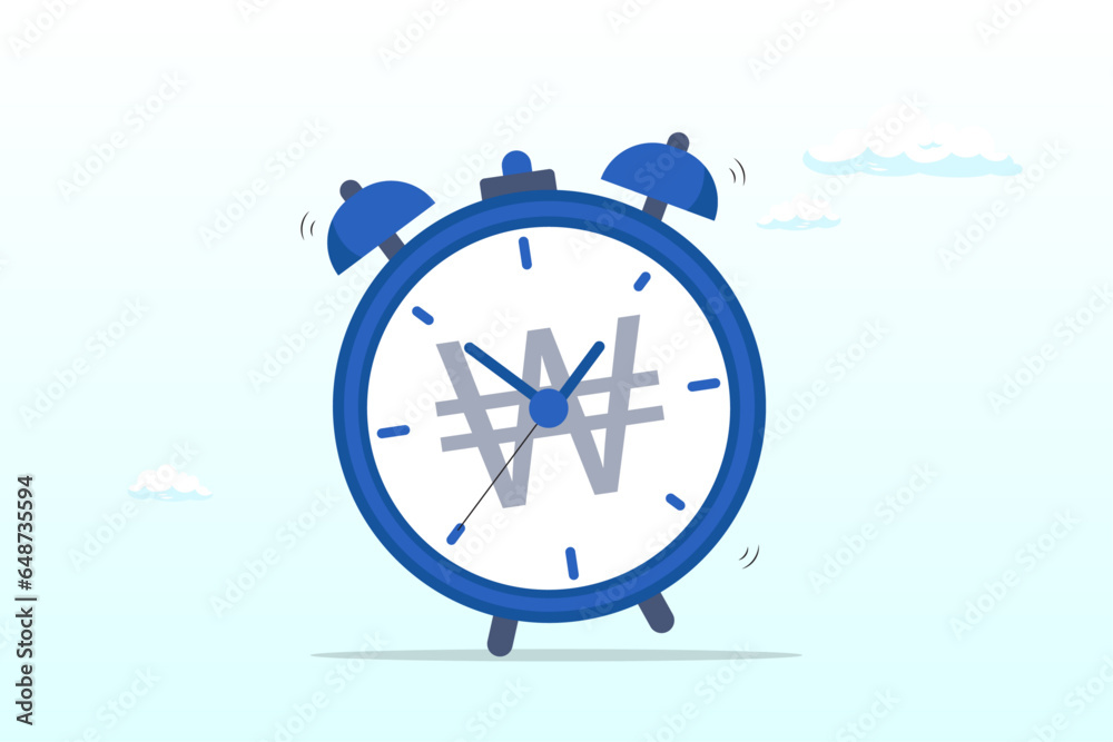 Ringing alarm clock with Won money sign on clock face, time for money, making profit from investment, promotion alert for bargain deal, bill payment or deadline to start building wealth (Vector)