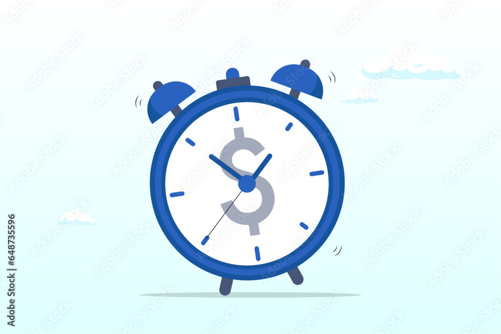 Ringing alarm clock with Dollar money sign on clock face, time for money, making profit from investment, promotion alert for bargain deal, bill payment or deadline to start building wealth (Vector) - obrazy, fototapety, plakaty 