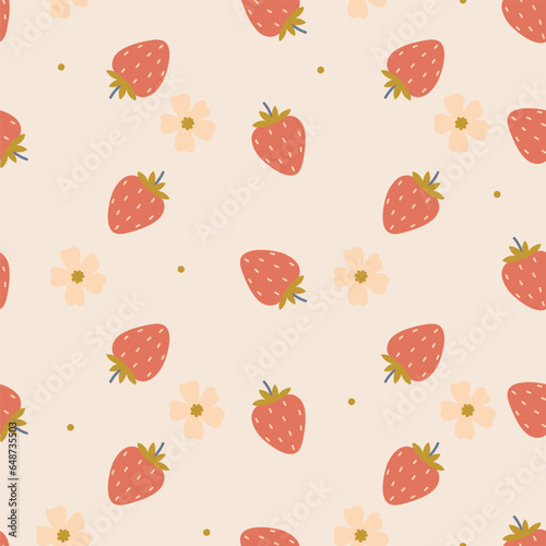 Simple seamless pattern with strawberries and flowers. Vector graphics.