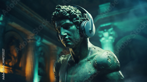 An old Greek or Roman statue with headphones listening to music in a theater with green and yellow lights, blending classical and modern musical styles of a DJ. photo