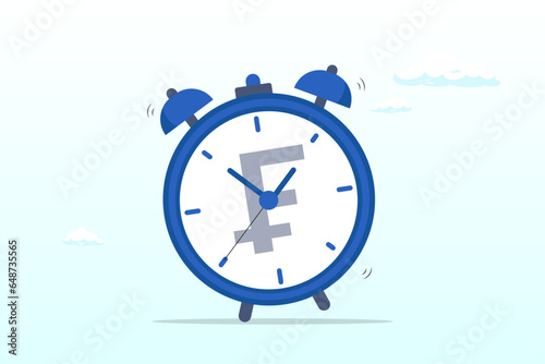Ringing alarm clock with Franc money sign on clock face, time for money, making profit from investment, promotion alert for bargain deal, bill payment or deadline to start building wealth (Vector)
