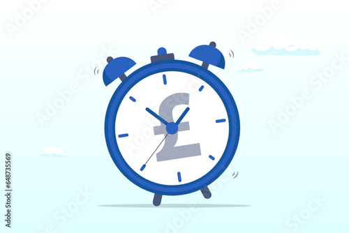 Ringing alarm clock with Pound money sign on clock face, time for money, making profit from investment, promotion alert for bargain deal, bill payment or deadline to start building wealth (Vector)