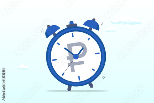 Ringing alarm clock with Ruble money sign on clock face, time for money, making profit from investment, promotion alert for bargain deal, bill payment or deadline to start building wealth (Vector)