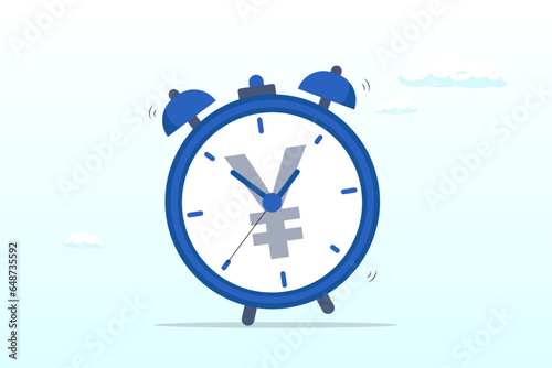 Ringing alarm clock with Yen money sign on clock face, time for money, making profit from investment, promotion alert for bargain deal, bill payment or deadline to start building wealth (Vector)