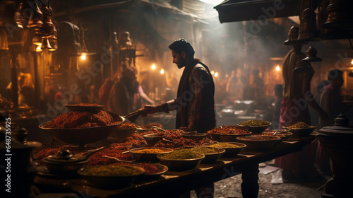 A photo featuring an oriental spice market with an exotic ambiance, and a man shopping in the background with a cinematic atmosphere. photo