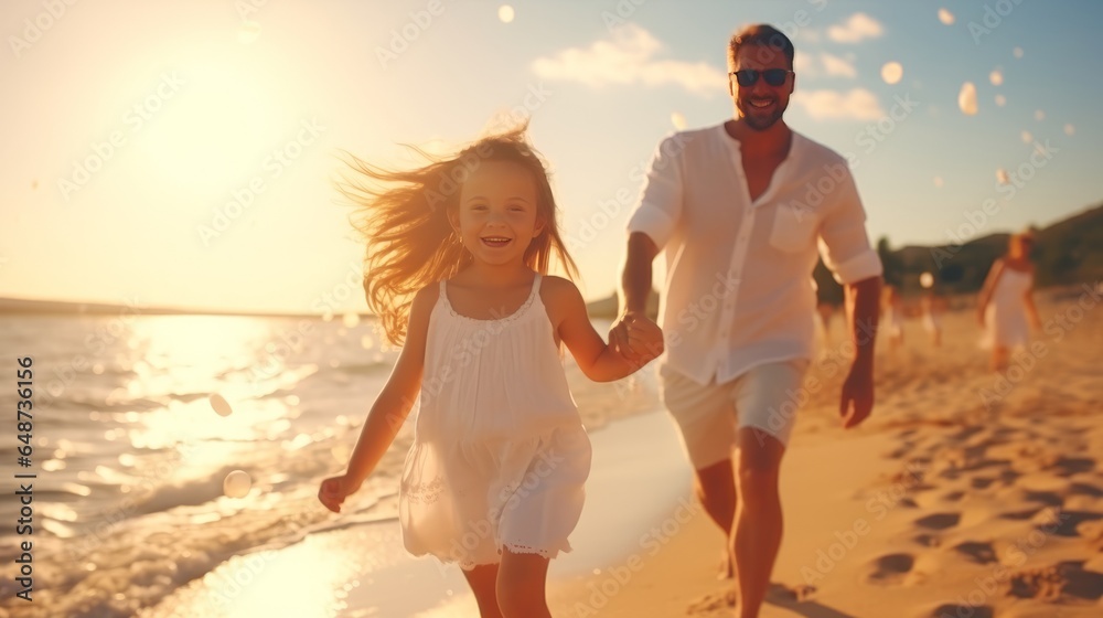happy father and little daughter running on beach at sunset in summer vacation
