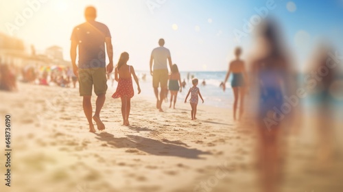Summer Vacation Holiday Leisure Relaxation Concept. Family Walking on Beach