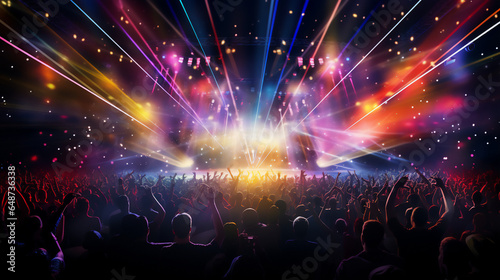 A crowd of people enjoys a big party with neon lights and live music. The atmosphere is festive and colorful, with confetti, beams of light illuminating the stage and the dance floor. Joy celebration.