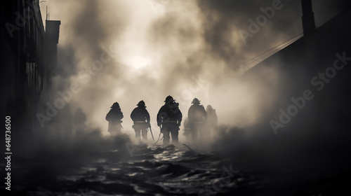 Three firefighters in silhouette, surrounded by smoke and debris from a fire. A dramatic and powerful image that captures the danger and heroism of their work, related to fire, emergency and rescue