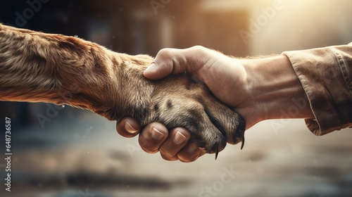 A human hand holding a dog paw touch gently, showing a bond of love and friendship between the human and the pet. The handshake represents the affection and harmony with the abandoned animals #648736587