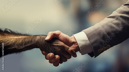 Foto A man in a jacket shaking hands with a monkey