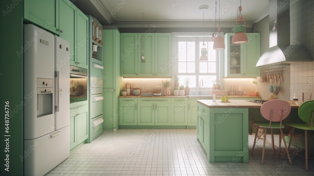 A Stylish Kitchen Room with a Fashionable Blend of Pastel, Multicolored and Bright Accents. A Stylish Kitchen Room with a Fashionable Blend of Pastel, Multicolored and Bright Accents.