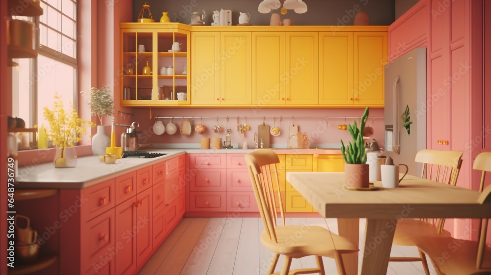 A Stylish Kitchen Room with a Fashionable Blend of Pastel, Multicolored and Bright Accents. A Stylish Kitchen Room with a Fashionable Blend of Pastel, Multicolored and Bright Accents.