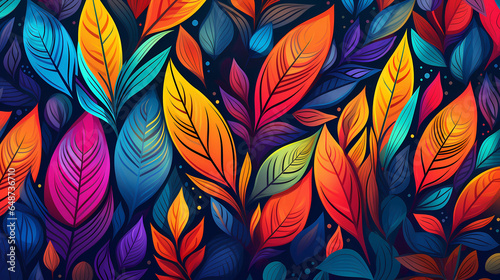 Hand drawn cartoon beautiful colorful gradient plant leaves background pattern  © 俊后生