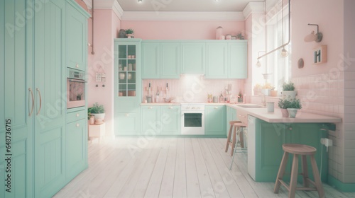 A Stylish Kitchen Room with a Fashionable Blend of Pastel, Multicolored and Bright Accents.