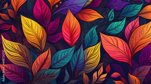 Hand drawn cartoon beautiful colorful gradient plant leaves background pattern 