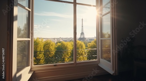 A Stunning Outdoor Landscape Viewed through a Sunlit Window and Offering a Glimpse of Paris and the Iconic Eiffel Tower  Beneath a Bright Sun and Blue Sky.