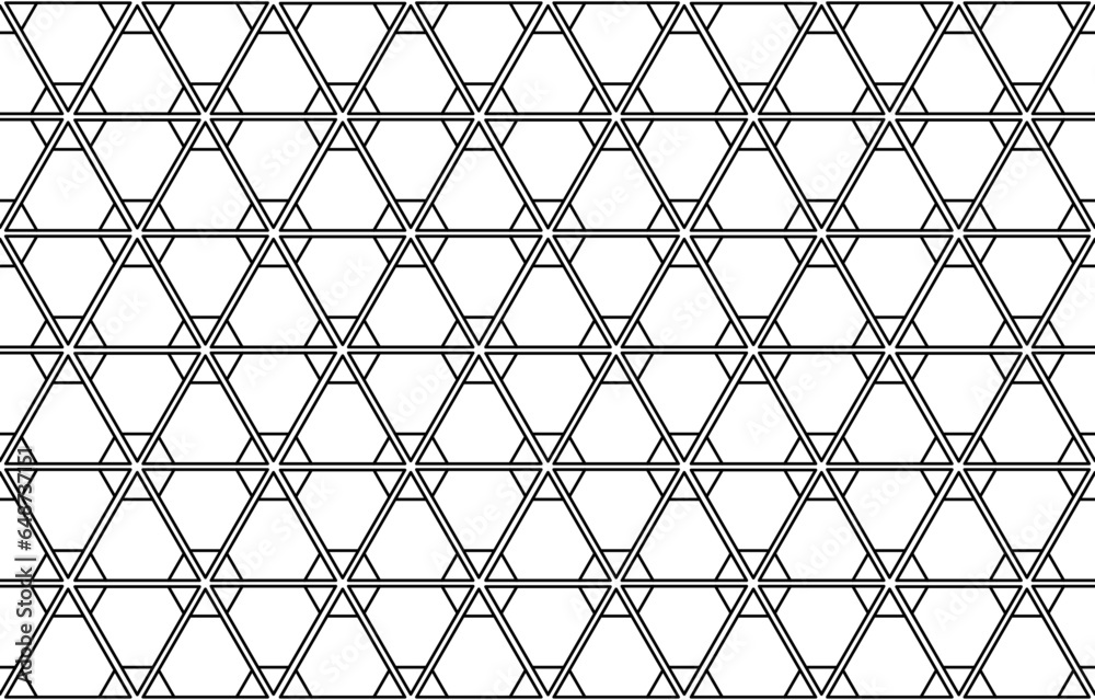 Fototapeta premium Segmented hexagon and mini-hexagons in triangles give a double black color outline effect in a repeating geometric pattern