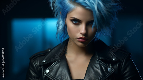 Portrait of a beautiful young teenage girl with blue dyed hair, blue eyes, makeup and defiant look. Black leather jacket with studs and rock or punk aesthetic expressing rebellion and authenticity