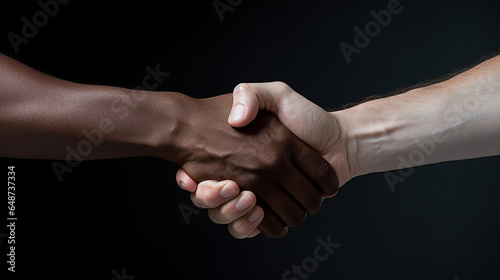 Two men shaking hands, one white Caucasian and one black African. Closeup, isolated on a dark background, symbol of respect, or solidarity across racial and cultural differences to fight racism