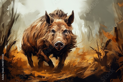 Image of a wild boar in the forest, Wildlife Animals., Generative AI, Illustration.