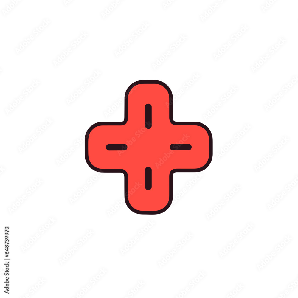 Plus sign (+) vector icon in minimalistic, black and red line work, japan web