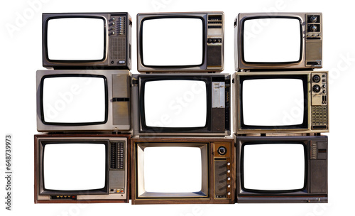 Pile of vintage televisions with cut out screen with clipping path isolated on white background.
