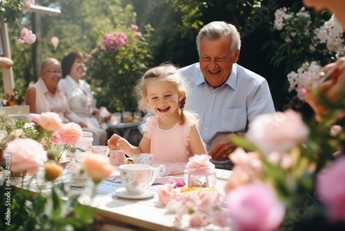Grandfather And Granddaughter Enjoying Tea Party In Summer Garden Together