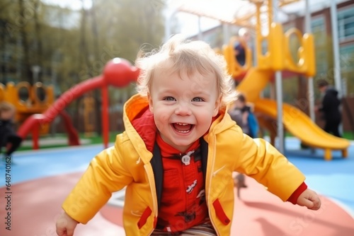 Adorable baby boy having fun on playground. Happy child playing outdoors. © GoldenART