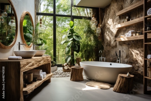 The interior of the natural bathroom is decorated in a natural style with natural furniture