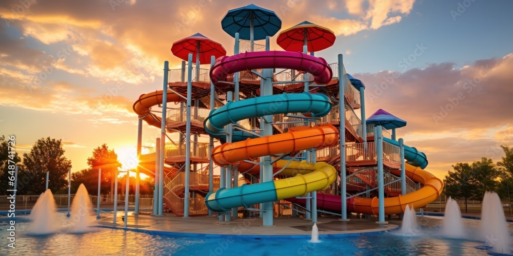 illustration of waterslides at a water park, generative AI - obrazy, fototapety, plakaty 