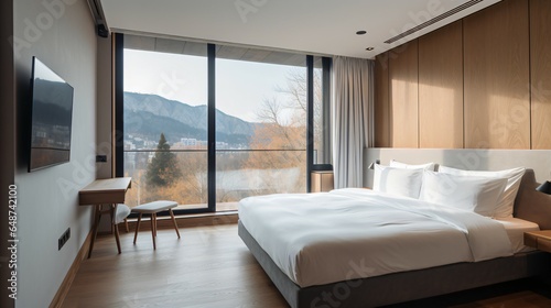 A Modern Hotel Room with a Stunning Window Front View of Majestic Mountains. © Akash