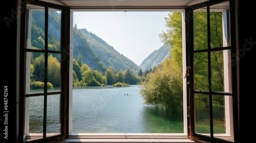 Mountain Paradise An Opened Modern Window Revealing a Serene Natural Landscape.