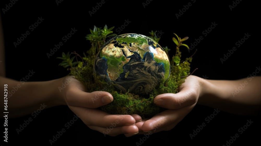 Hand holding a globe ball, growing trees and green nature blurred background. Ecological concept love the environment Hand holding a globe ball, growing trees and green nature blurred background. Ecological concept love the environment