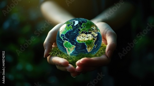 Hand holding a globe ball, growing trees and green nature blurred background. Ecological concept love the environment