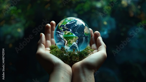 Hand holding a globe ball, growing trees and green nature blurred background. Ecological concept love the environment