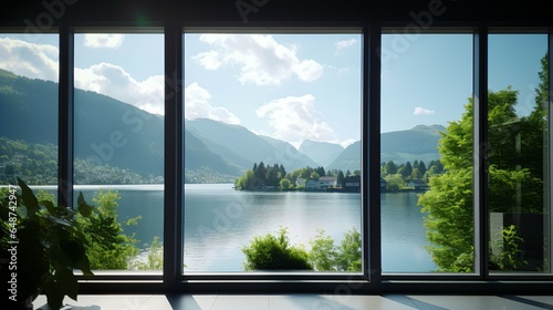 Nature and Cityscapes Through Large Windows Lakes, Verdant Mountains an Intense Sunlight and Clear Blue Skies Creating a Bright Atmosphere.