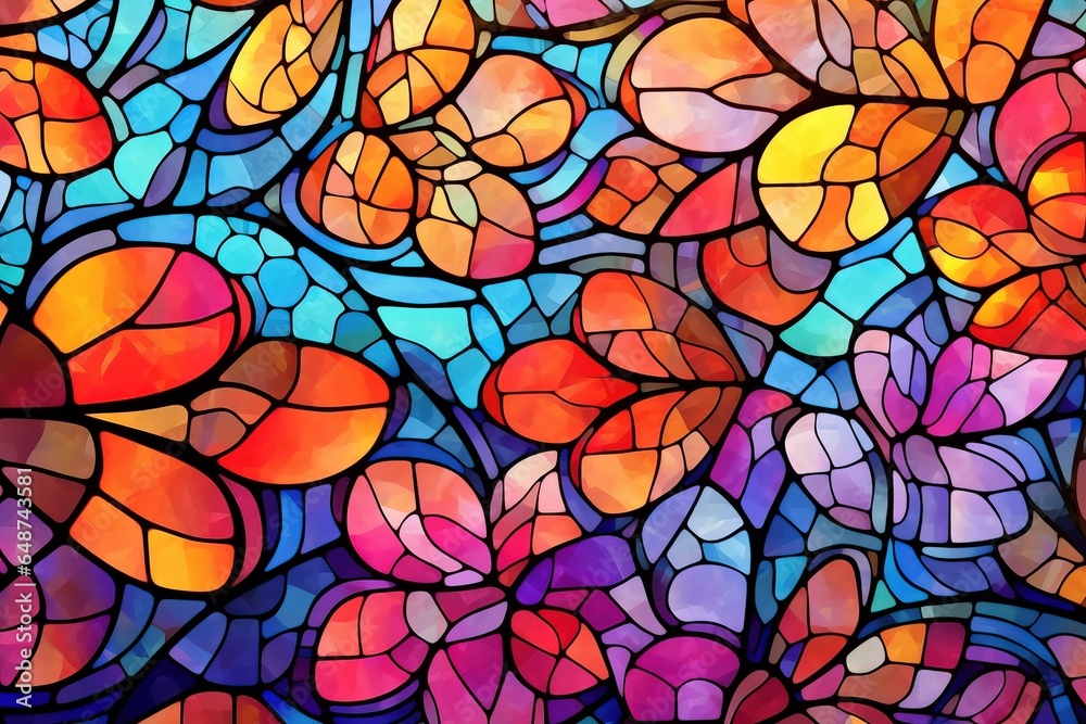 Abstract multicolored stained-glass window mosaic background, Background consisting of bright vibrant colors mosaics.