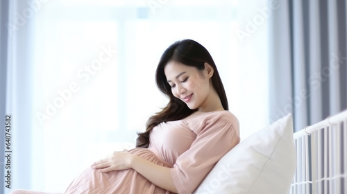 Beautiful Asian pregnant woman sit on bed and touching her belly