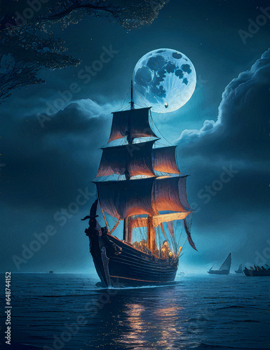 Nocturnal Adventure: The Serene Beauty of a Sailing Ship by Moonlight
