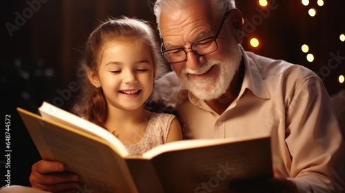 Cute little girl granddaughter reading book with positive senior grandfather while sitting on sofa together and enjoying leisure time on weekend at home