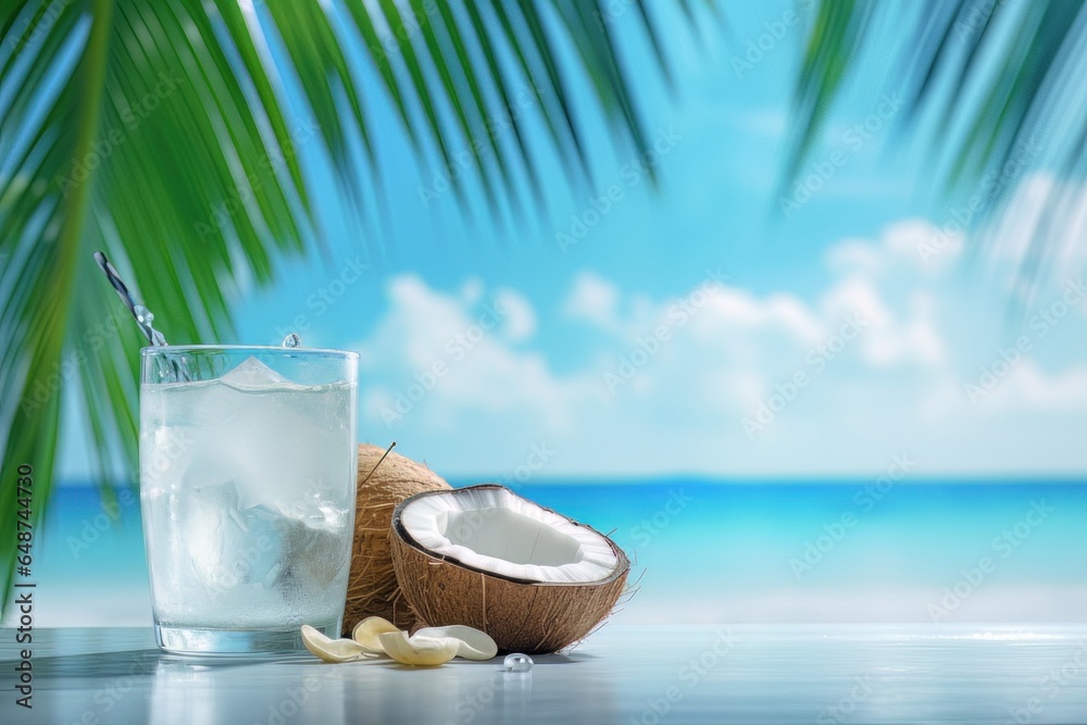 Fresh Coconut on Blue Aesthetic Scenery Background, Coconut Half and Piece Fresh Coconut on Blue Aesthetic Scenery Background, Coconut Half and Piece