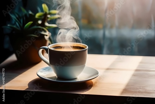 a cup of hot coffee on a wooden table with morning sunlight from the window. photo