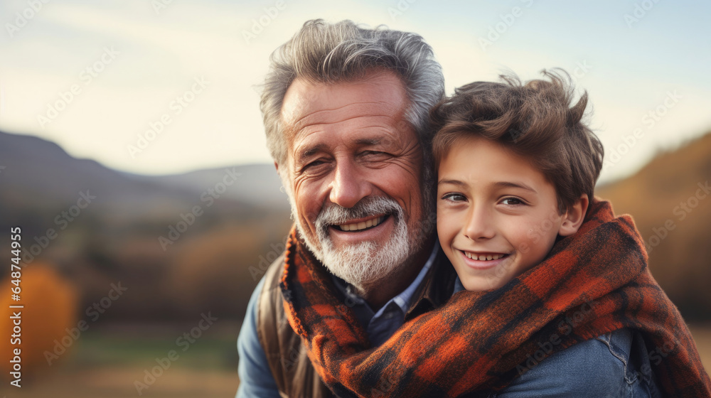 Warm relationships. Joyful nice loving boy standing behind his grandfather and hugging his while expressing his feelings Warm relationships. Joyful nice loving boy standing behind his grandfather and hugging his while expressing his feelings