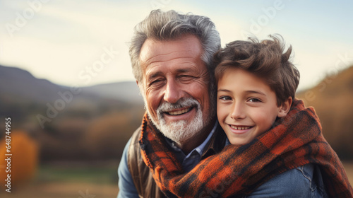 Warm relationships. Joyful nice loving boy standing behind his grandfather and hugging his while expressing his feelings